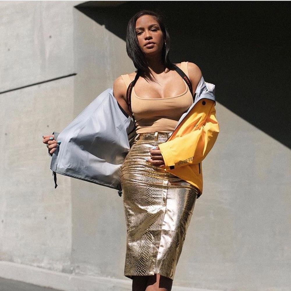 Gold faux snakeskin midi skirt as seen on Cassie